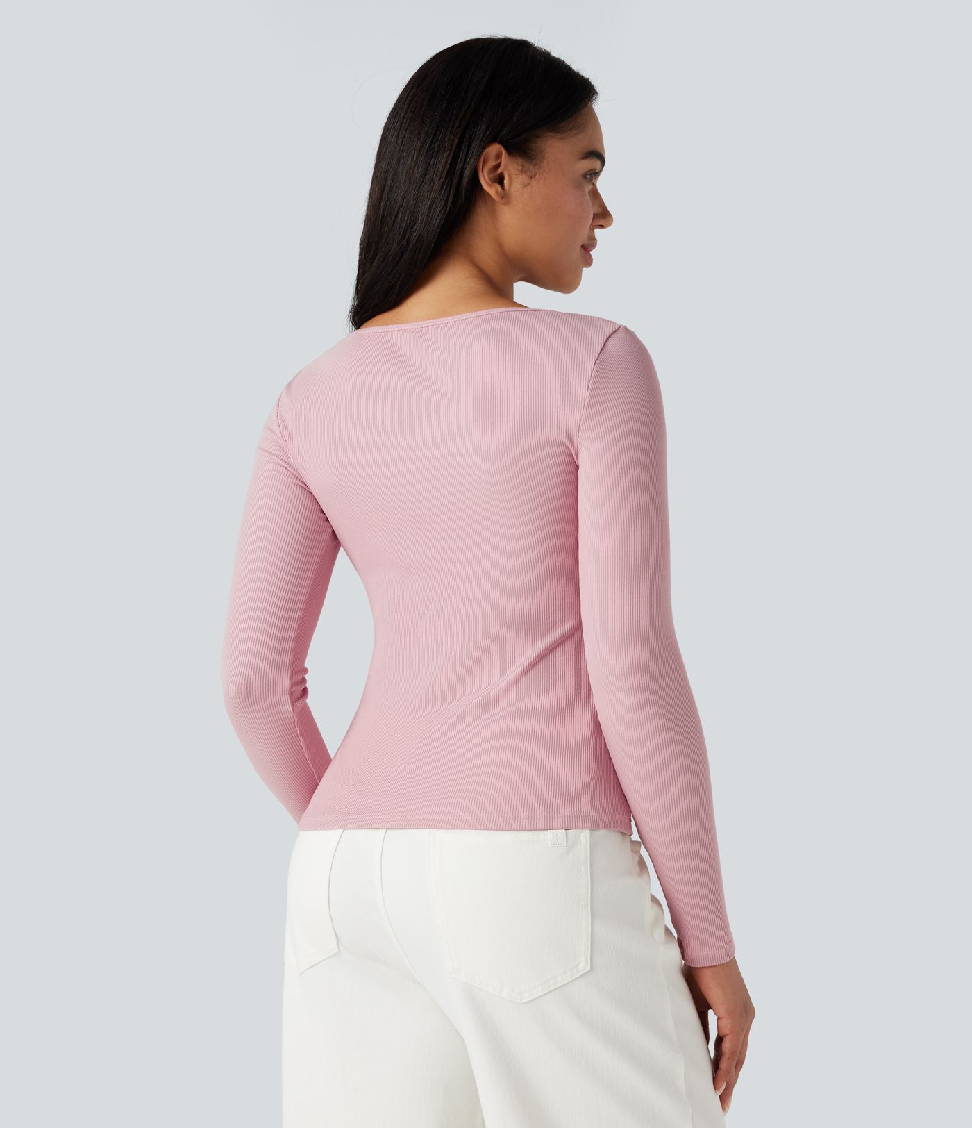 Ribbed Knit U-Neck Long Sleeve Work T-Shirt