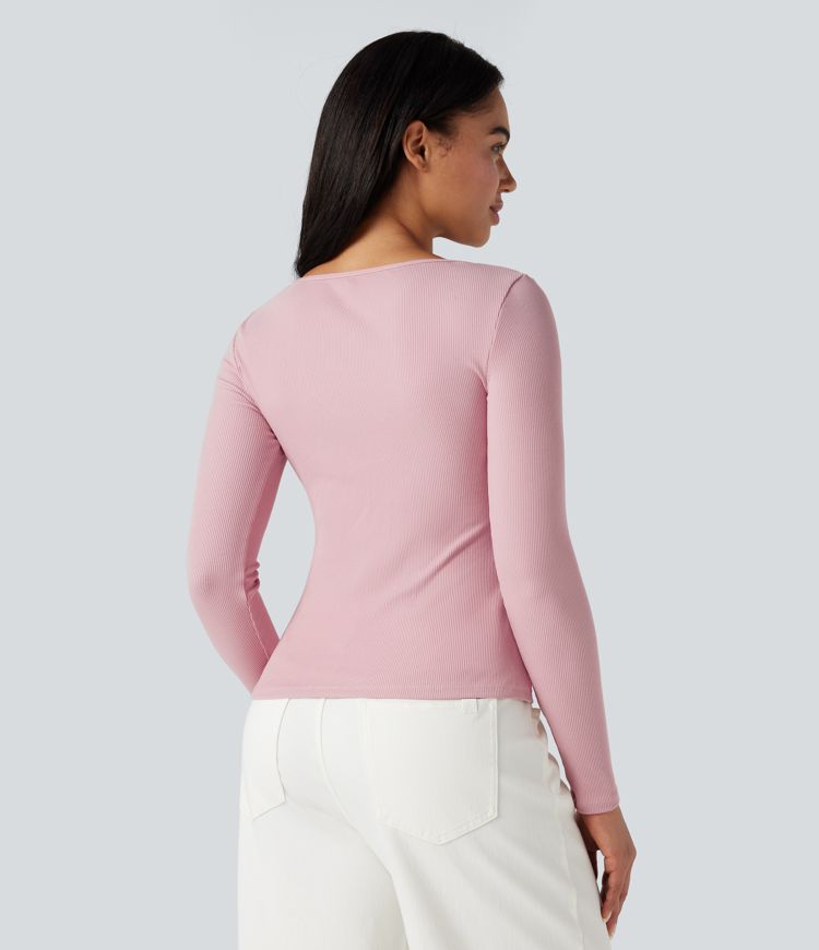 Ribbed Knit U-Neck Long Sleeve Work T-Shirt