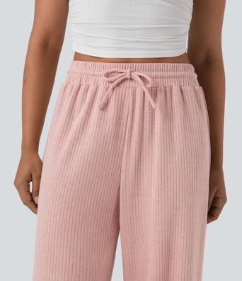 Ribbed Knit High Waisted Drawstring Straight Leg Fleece Casual Trousers with Pockets