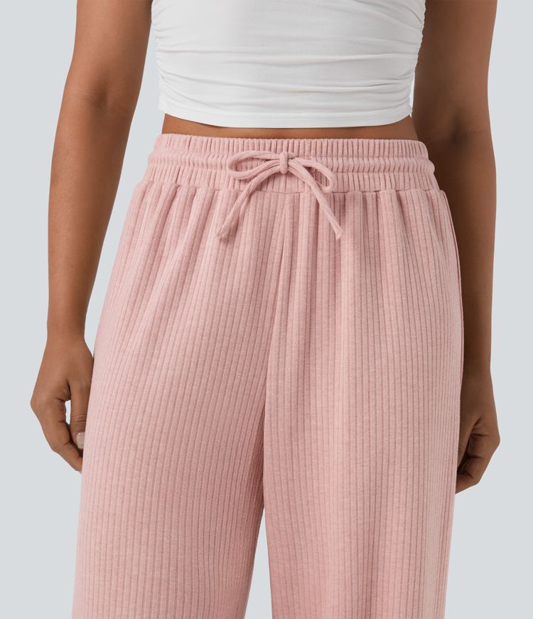 Ribbed Knit High Waisted Drawstring Straight Leg Fleece Casual Trousers with Pockets