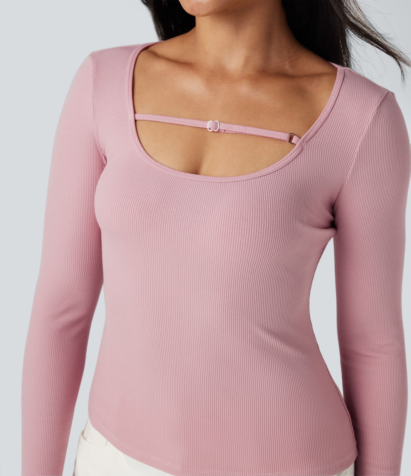 Ribbed Knit U-Neck Long Sleeve Work T-Shirt