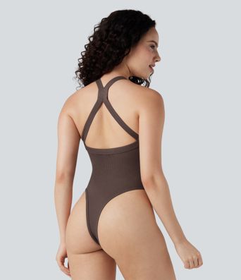 Body côtelé ajusté col V dos croisé sans manches