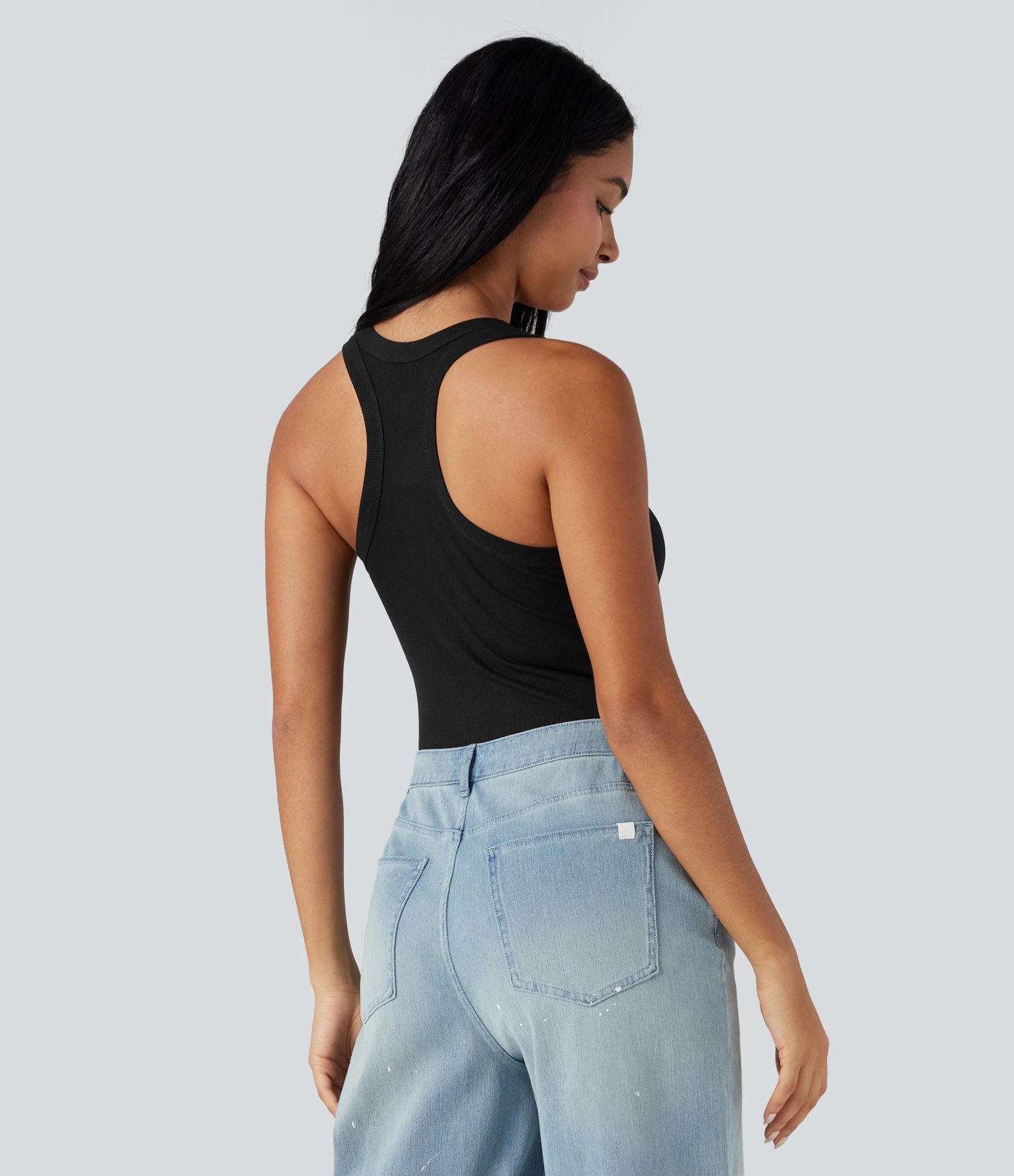 Ribbed Racerback Round-Neck Sleeveless Skinny Casual Bodysuit