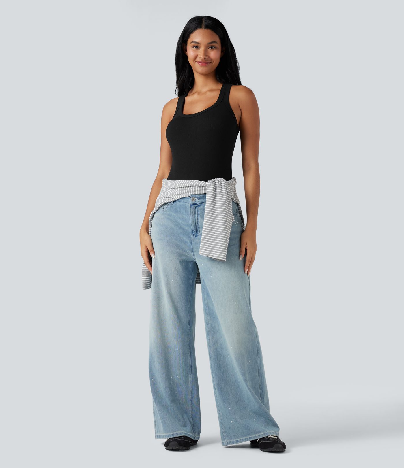 Ribbed Racerback Round-Neck Sleeveless Skinny Casual Bodysuit