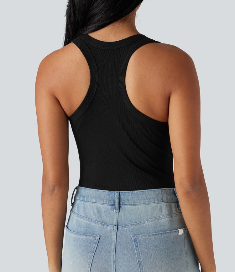 Ribbed Racerback Round-Neck Sleeveless Skinny Casual Bodysuit