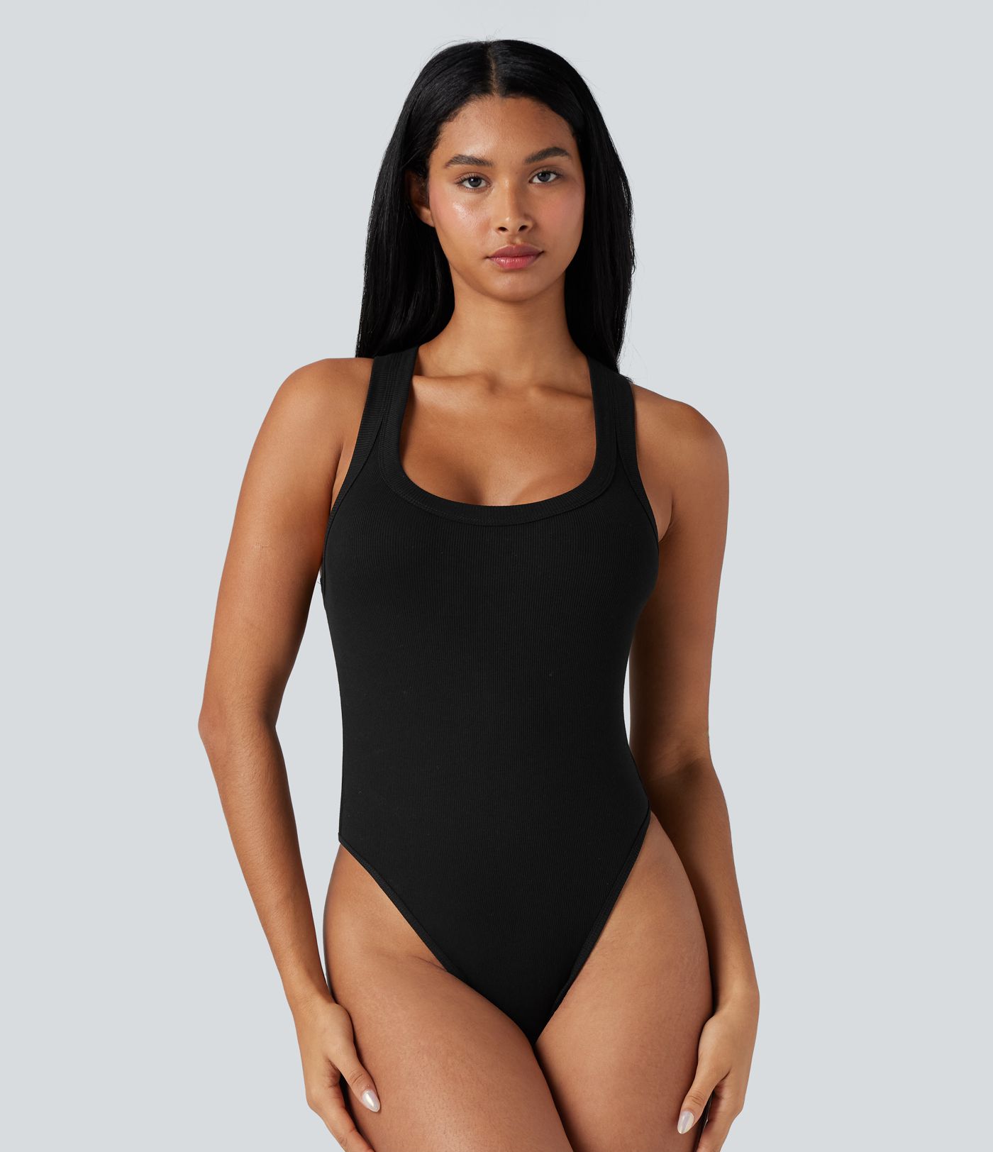 Ribbed Racerback Round-Neck Sleeveless Skinny Casual Bodysuit