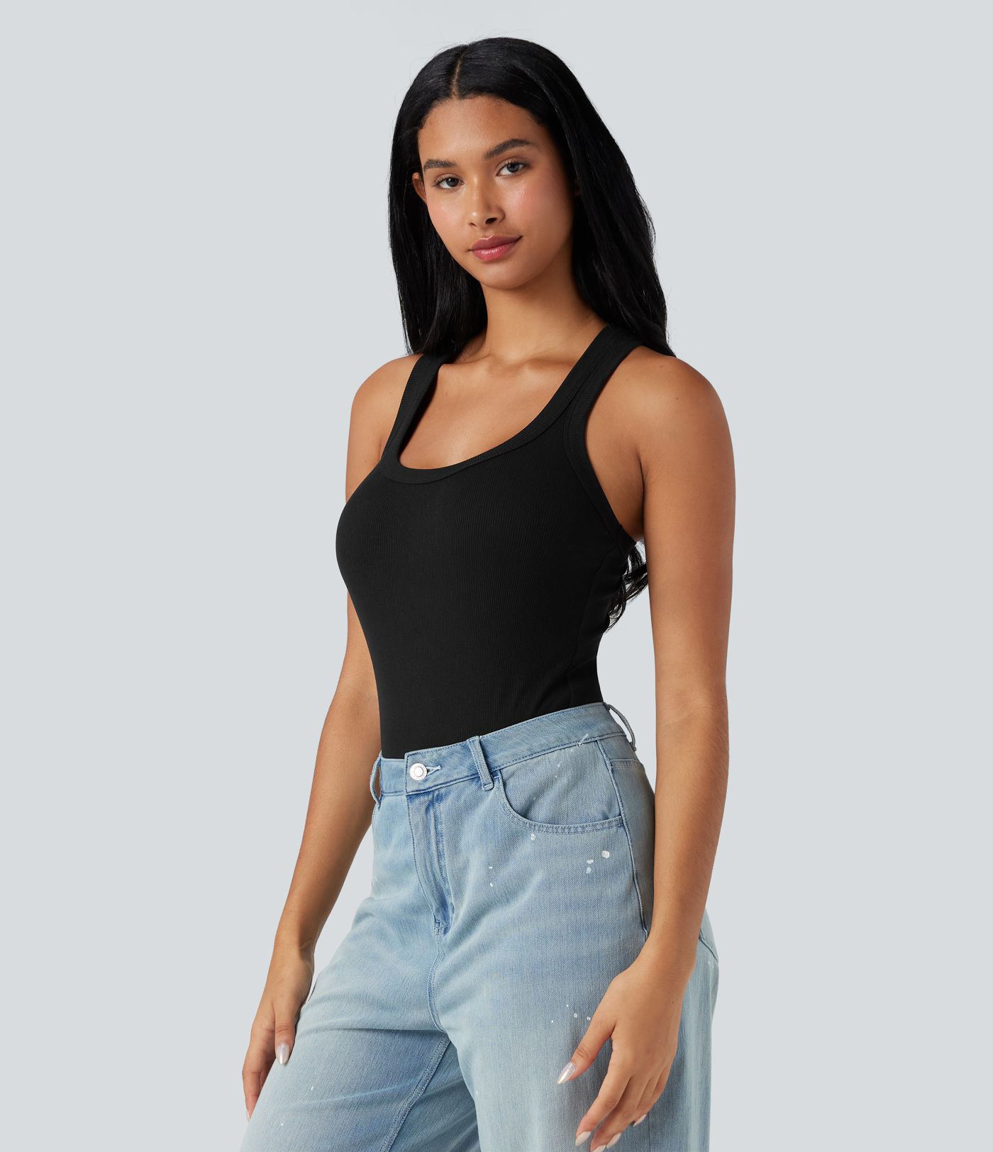 Ribbed Racerback Round-Neck Sleeveless Skinny Casual Bodysuit