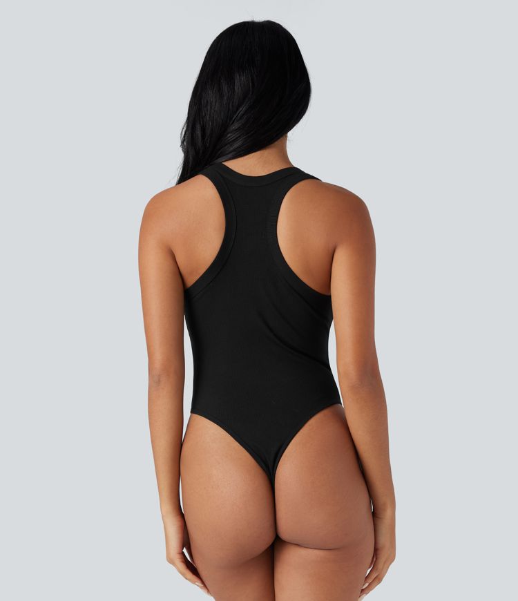 Ribbed Racerback Round-Neck Sleeveless Skinny Casual Bodysuit