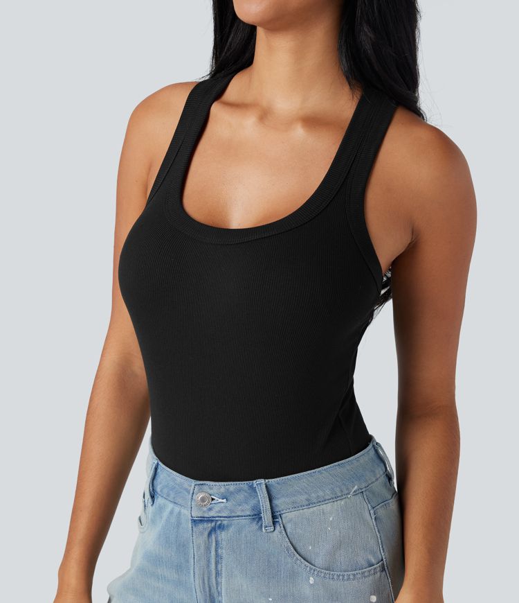 Ribbed Racerback Round-Neck Sleeveless Skinny Casual Bodysuit