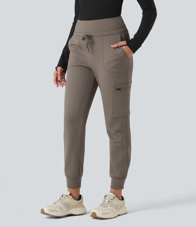 High Waisted Drawstring Tapered Fleece Hiking Joggers with Pockets