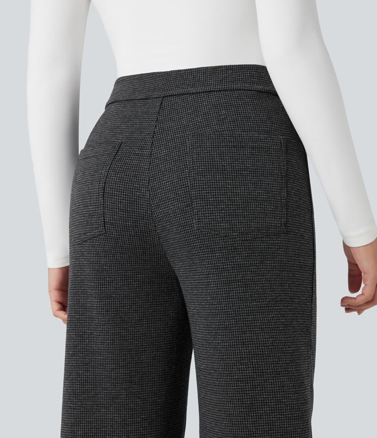 High Waisted Houndstooth Straight Leg Work Trousers with Pockets