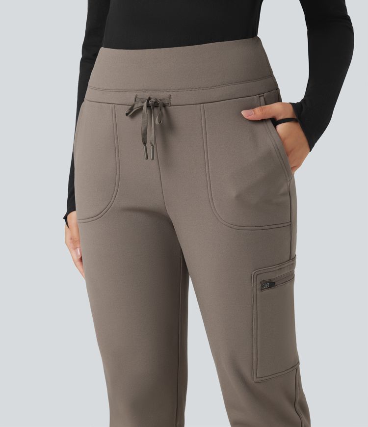 High Waisted Drawstring Tapered Fleece Hiking Joggers with Pockets