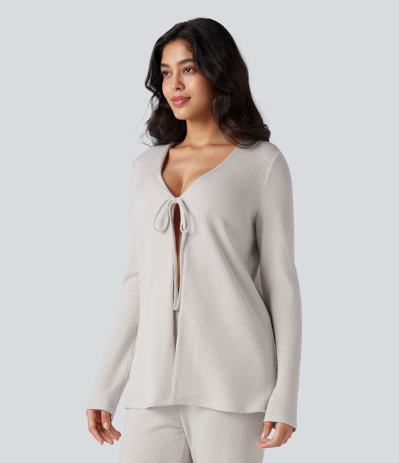 Deep V-neck Long Sleeve Relaxed Fit Waffle Lounge Top