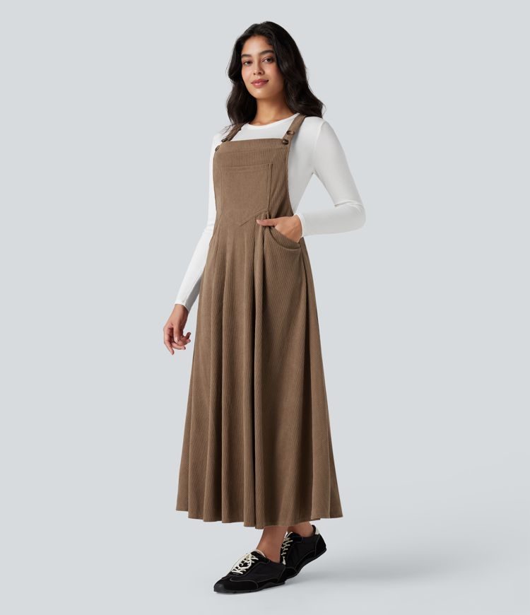 Square Neck Corduroy Casual Pinafore Dress with Pockets