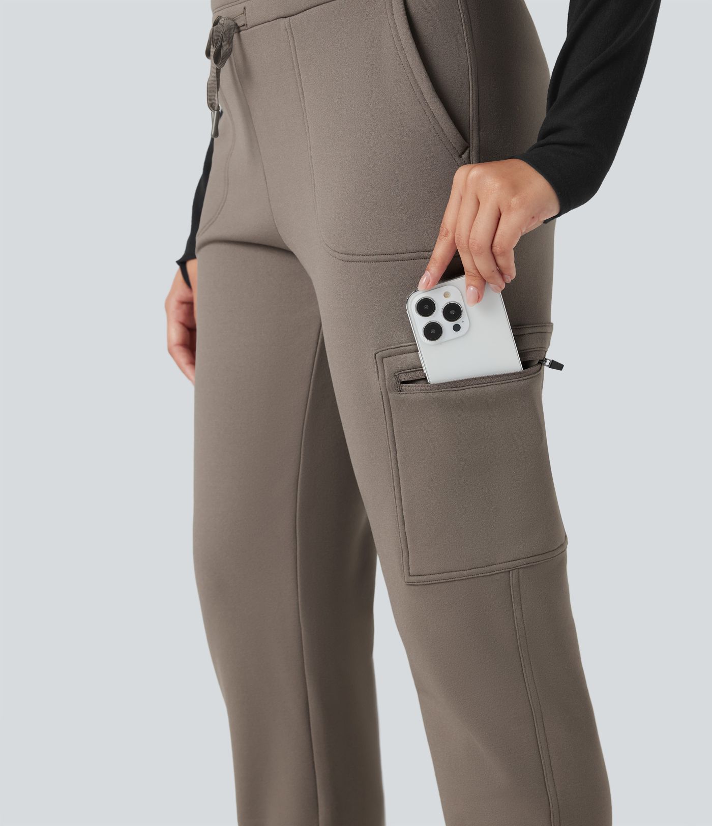 High Waisted Drawstring Tapered Fleece Hiking Joggers with Pockets