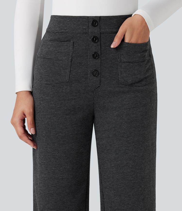 High Waisted Houndstooth Straight Leg Work Trousers with Pockets
