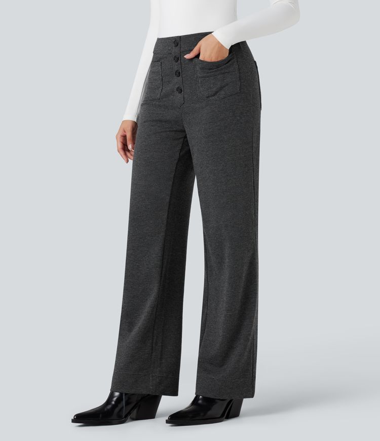 High Waisted Houndstooth Straight Leg Work Trousers with Pockets