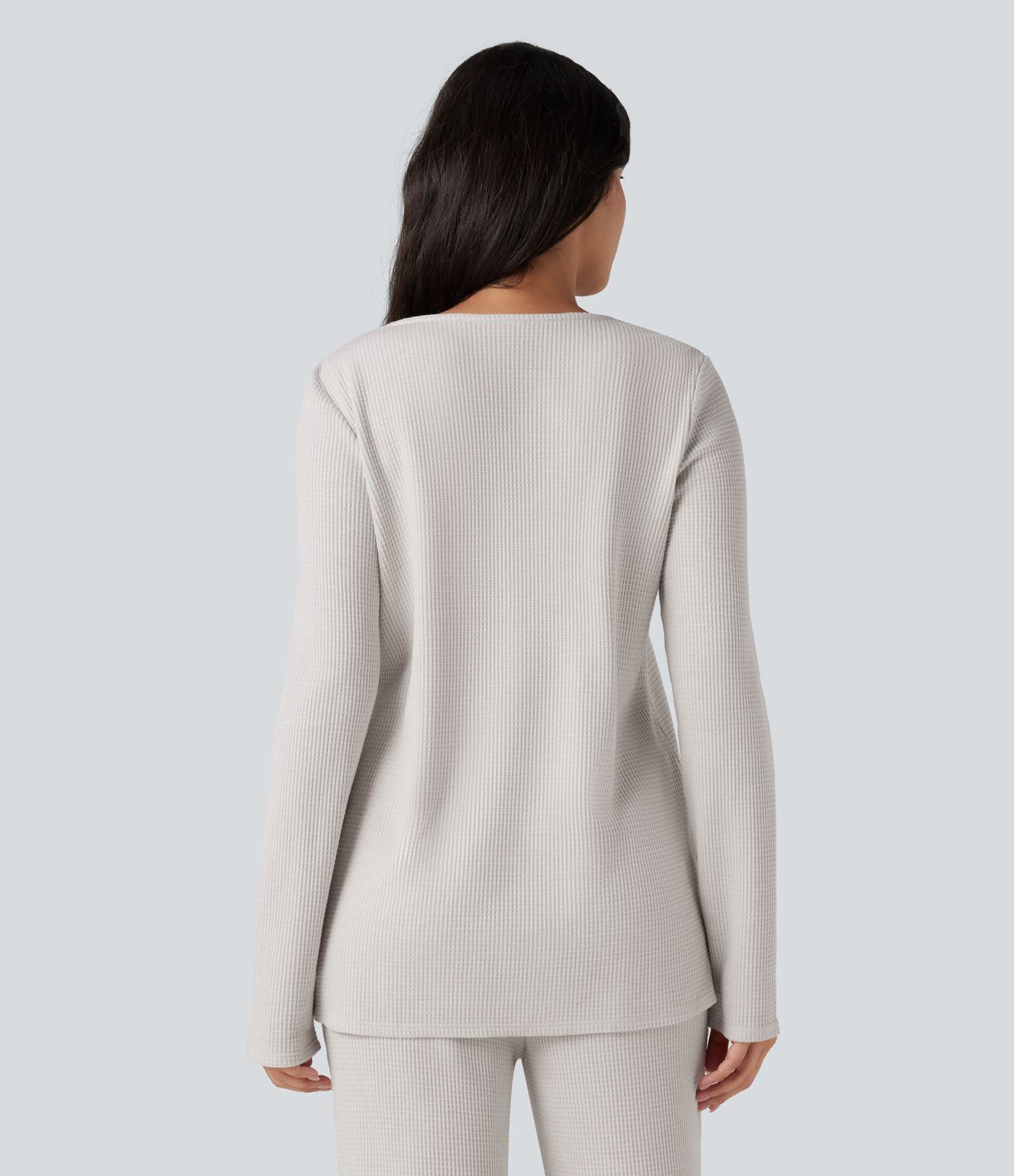 Deep V-neck Long Sleeve Relaxed Fit Waffle Lounge Top