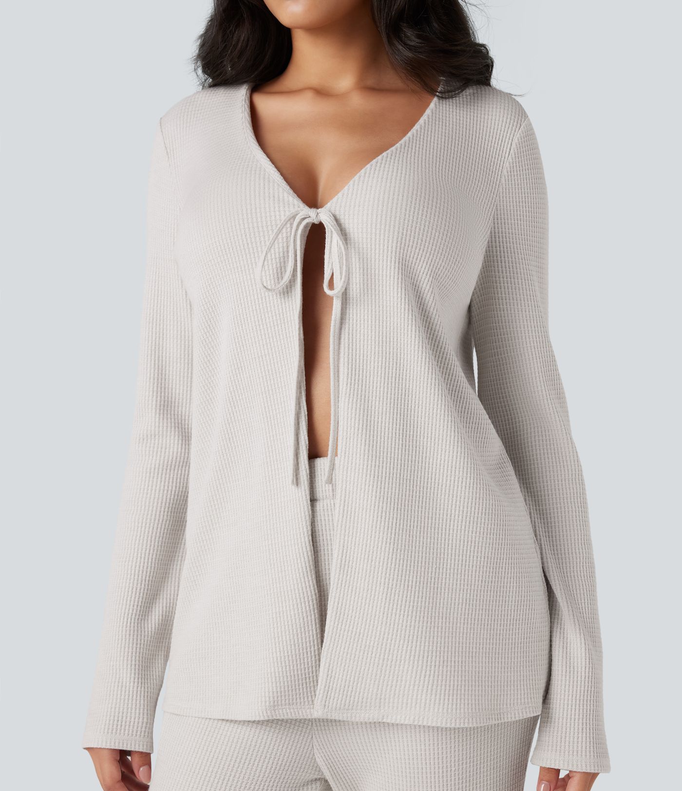 Deep V-neck Long Sleeve Relaxed Fit Waffle Lounge Top