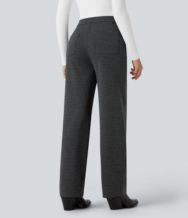 High Waisted Houndstooth Straight Leg Work Trousers with Pockets