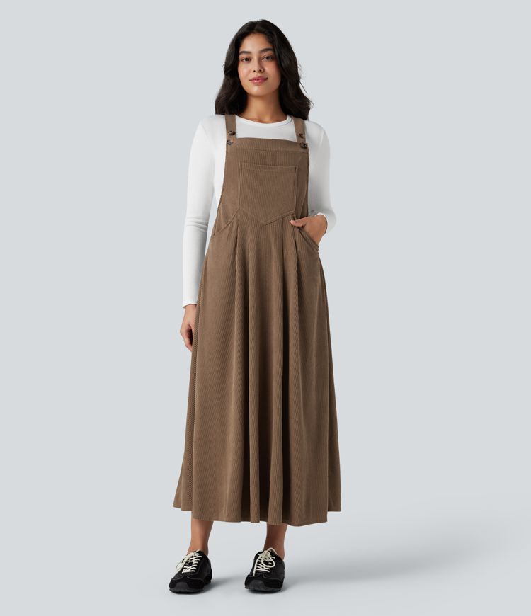 Square Neck Corduroy Casual Pinafore Dress with Pockets