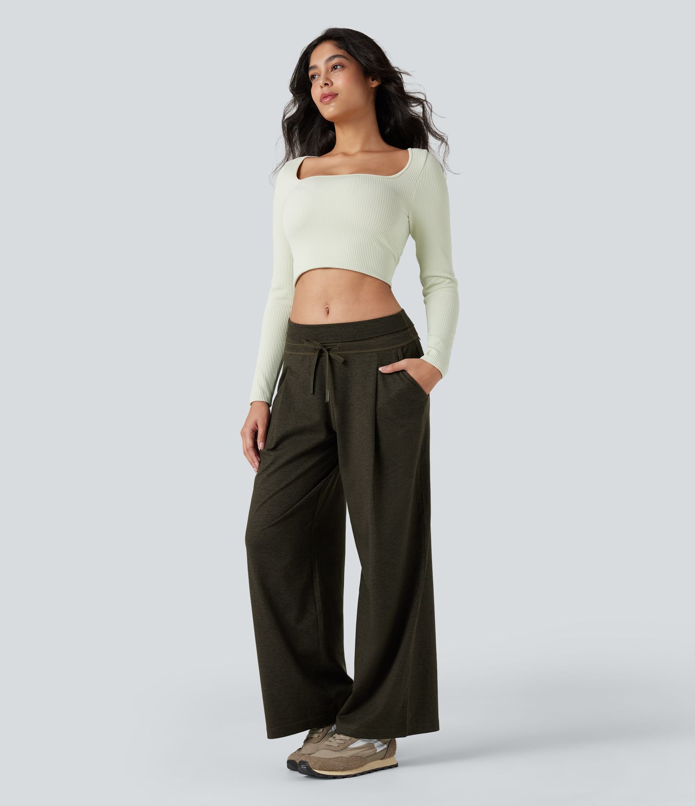 Foldover High Waisted Draswtring Quick Dry Heathered Casual Wide-leg Pants with Pockets