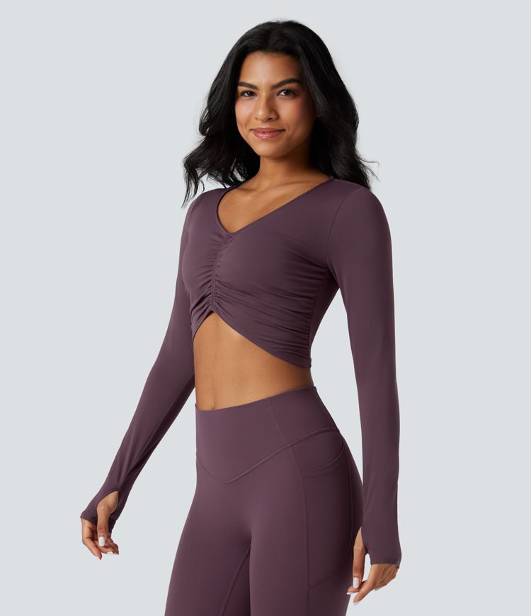 SoftlyZero™ Plush V Neck Long Sleeve Thumb Hole Ruched Cropped Yoga Sports Top