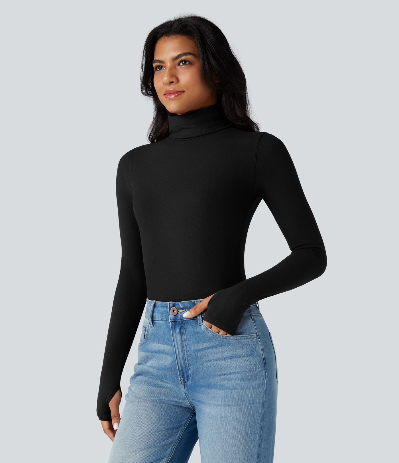 Turtleneck Long Sleeve Thumb Hole Casual Warming Top