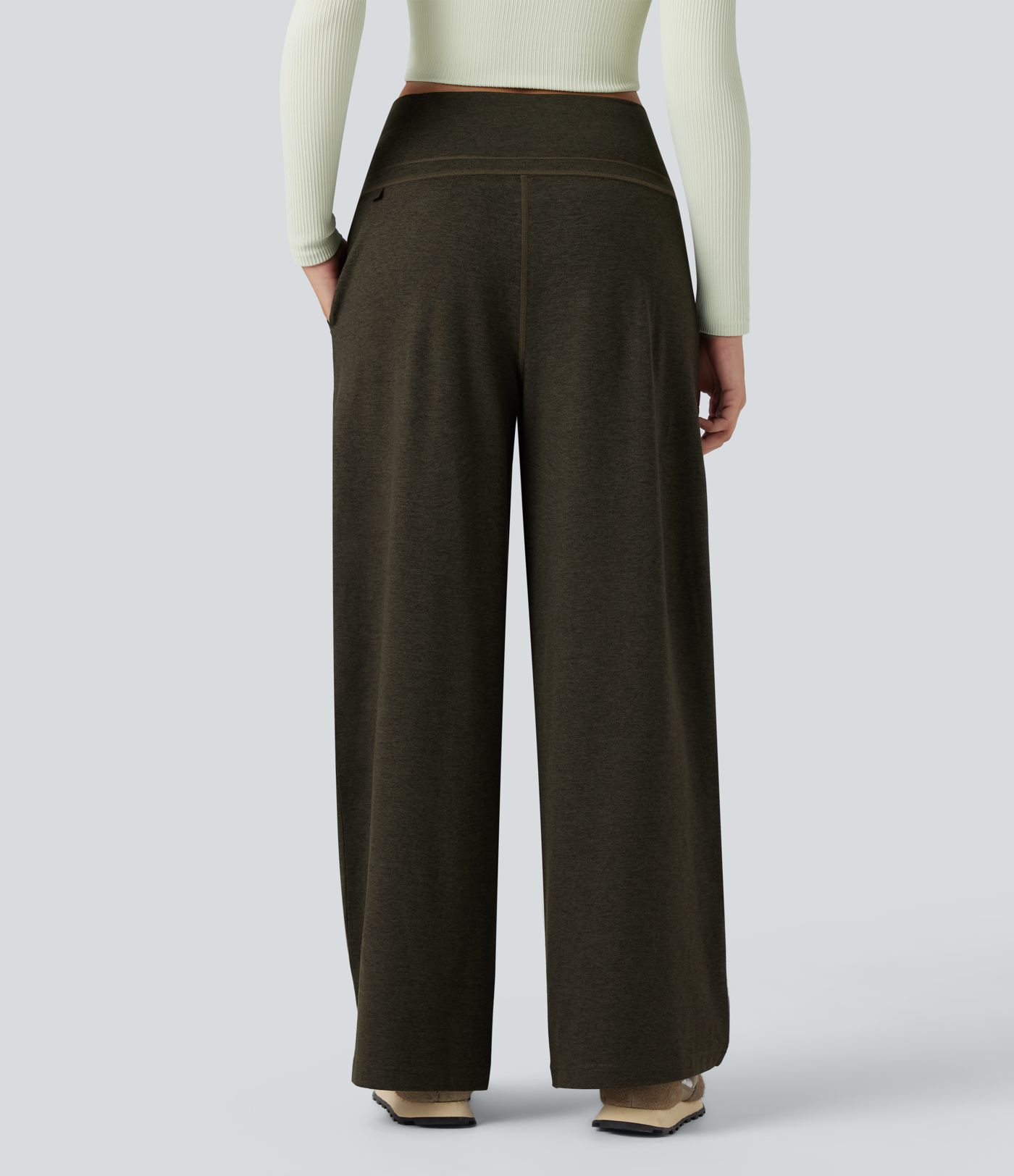 Foldover High Waisted Draswtring Quick Dry Heathered Casual Wide-leg Pants with Pockets