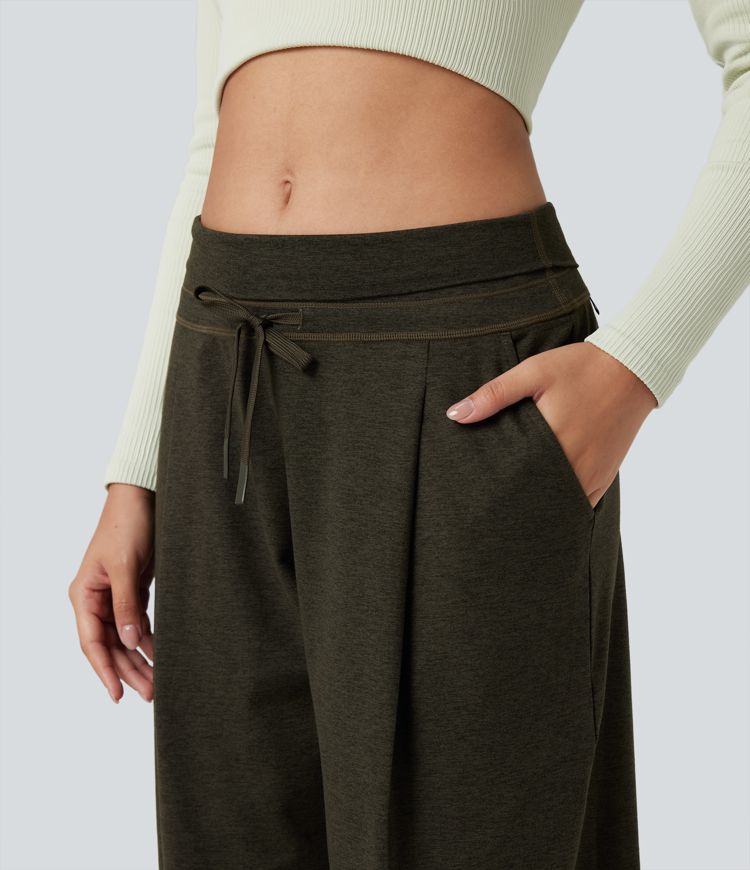 Foldover High Waisted Draswtring Quick Dry Heathered Casual Wide-leg Pants with Pockets