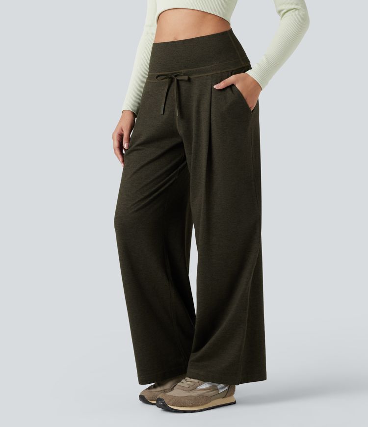 Shadow Moss Foldover High Waisted Draswtring Quick Dry Heathered Casual Wide-leg Pants with Pockets / 1