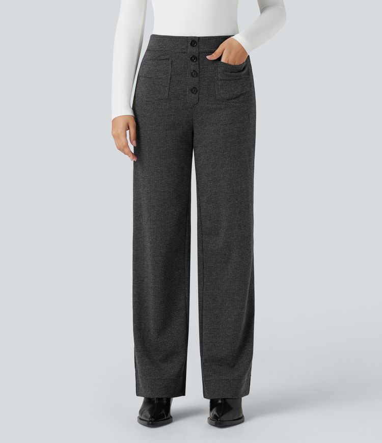High Waisted Houndstooth Straight Leg Work Pants with Pockets
