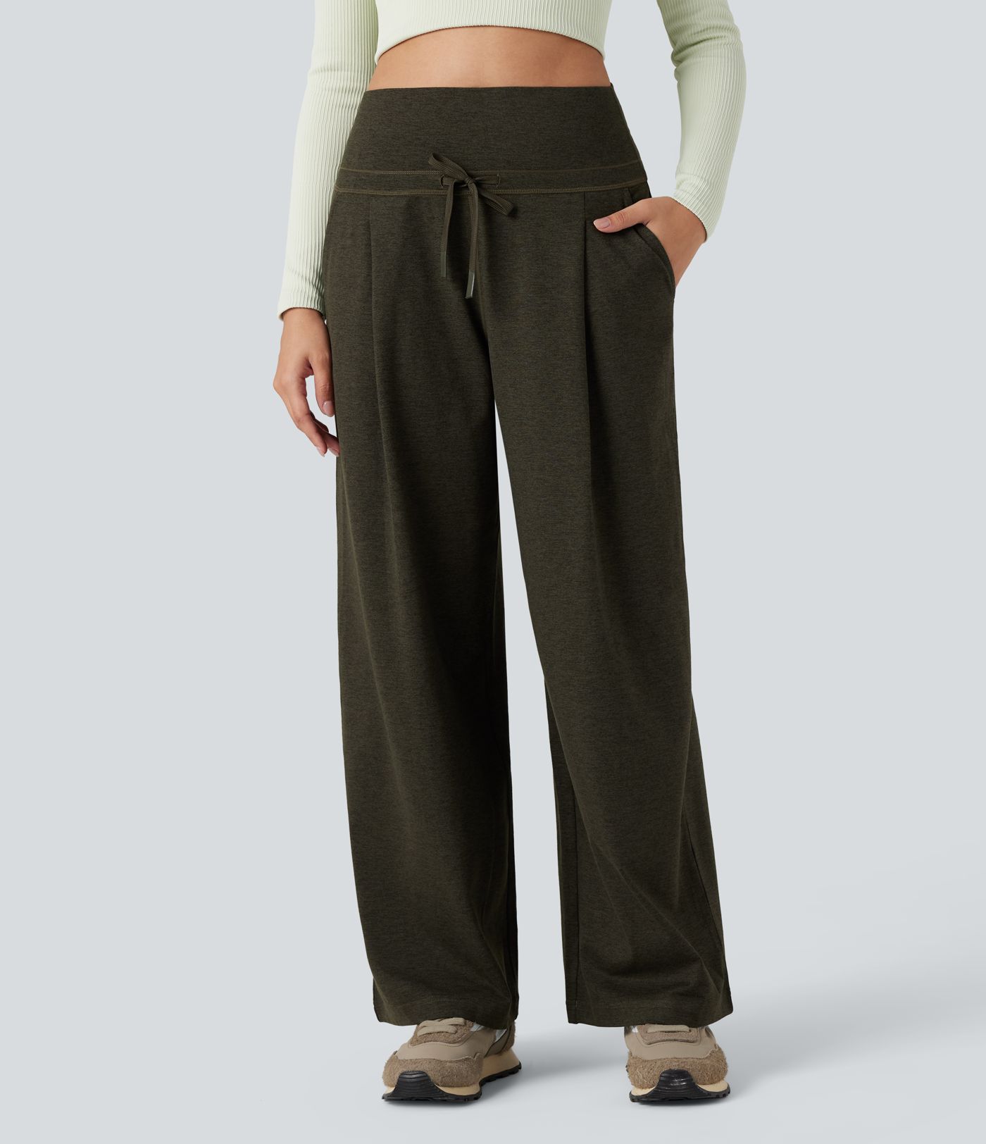 Foldover High Waisted Draswtring Quick Dry Heathered Casual Wide-leg Pants with Pockets
