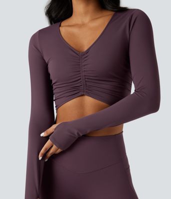 SoftlyZero™ Plush V Neck Long Sleeve Thumb Hole Ruched Cropped Yoga Sports Top