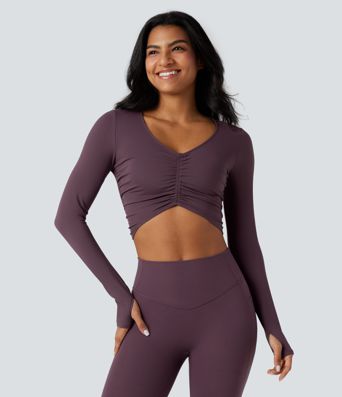 SoftlyZero™ Plush V Neck Long Sleeve Thumb Hole Ruched Cropped Yoga Sports Top