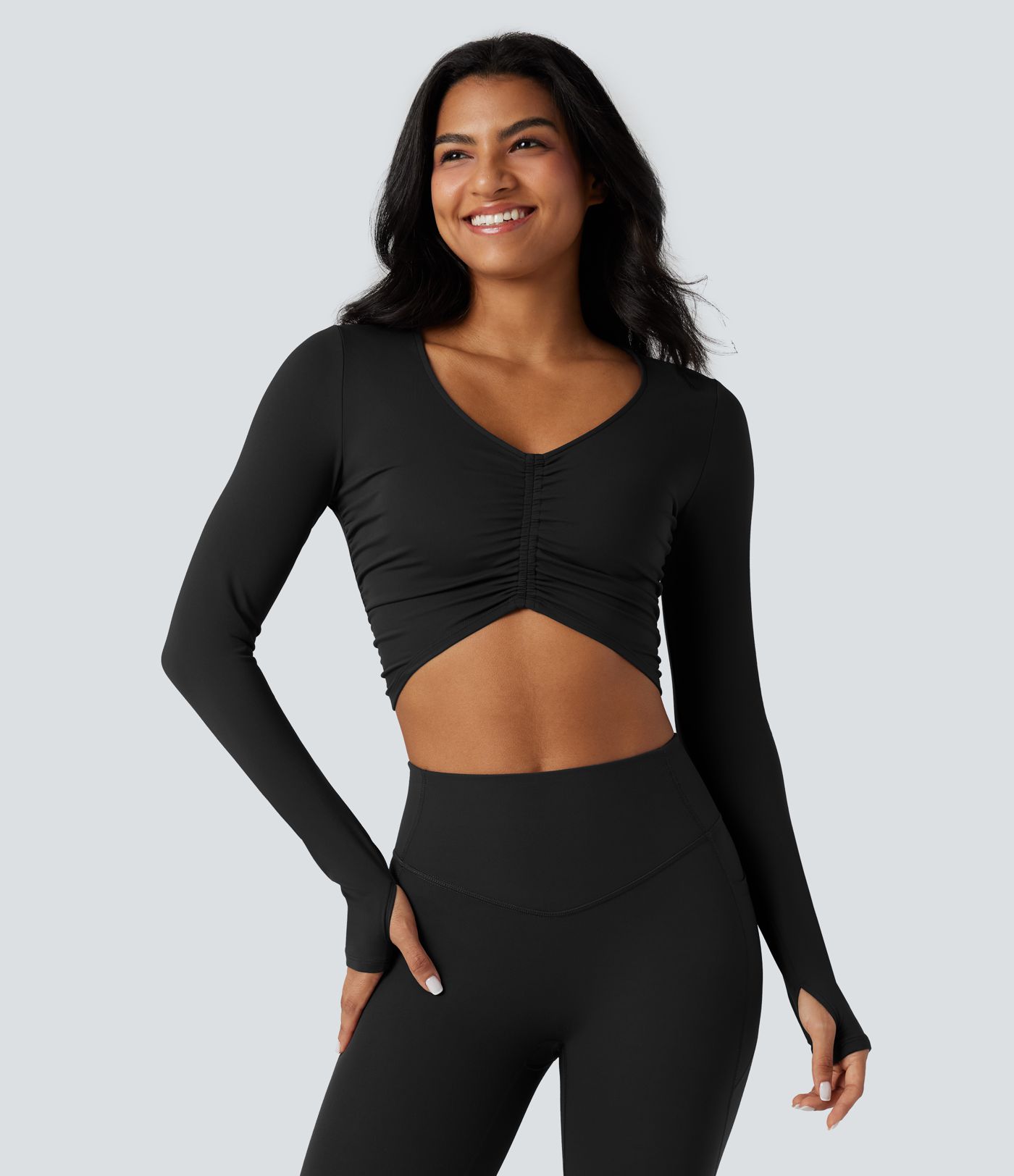 SoftlyZero™ Plush V Neck Long Sleeve Thumb Hole Ruched Cropped Yoga Sports Top