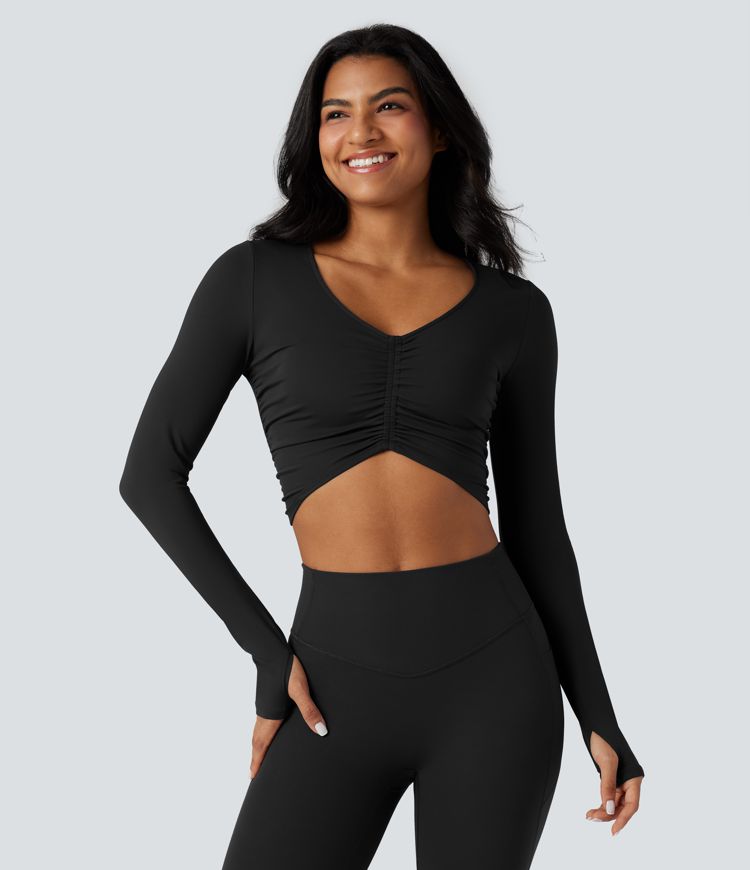 SoftlyZero™ Plush V Neck Long Sleeve Thumb Hole Ruched Cropped Yoga Sports Top