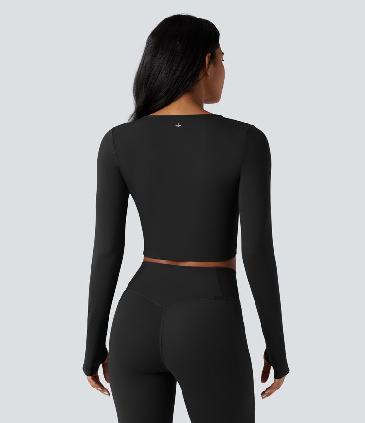 SoftlyZero™ Plush V Neck Long Sleeve Thumb Hole Ruched Cropped Yoga Sports Top