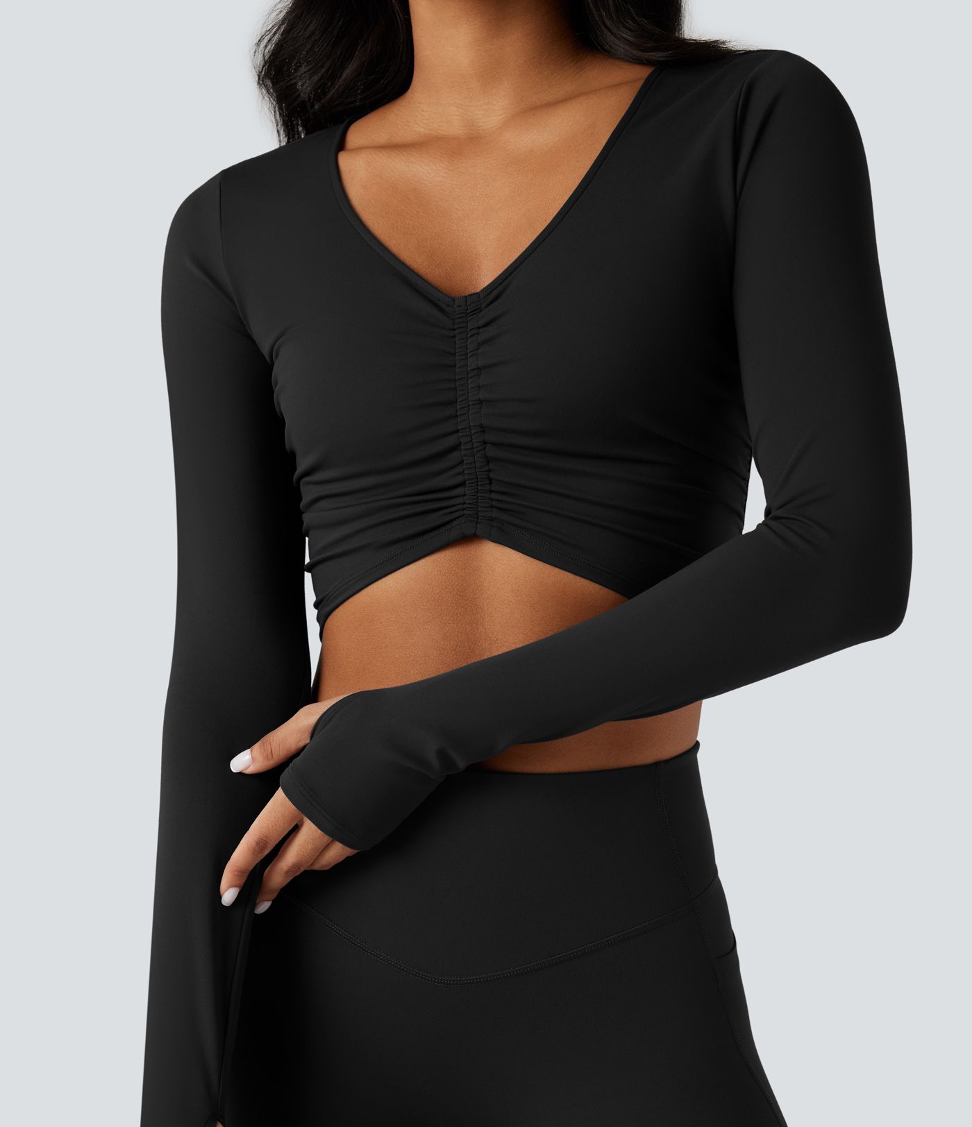 SoftlyZero™ Plush V Neck Long Sleeve Thumb Hole Ruched Cropped Yoga Sports Top