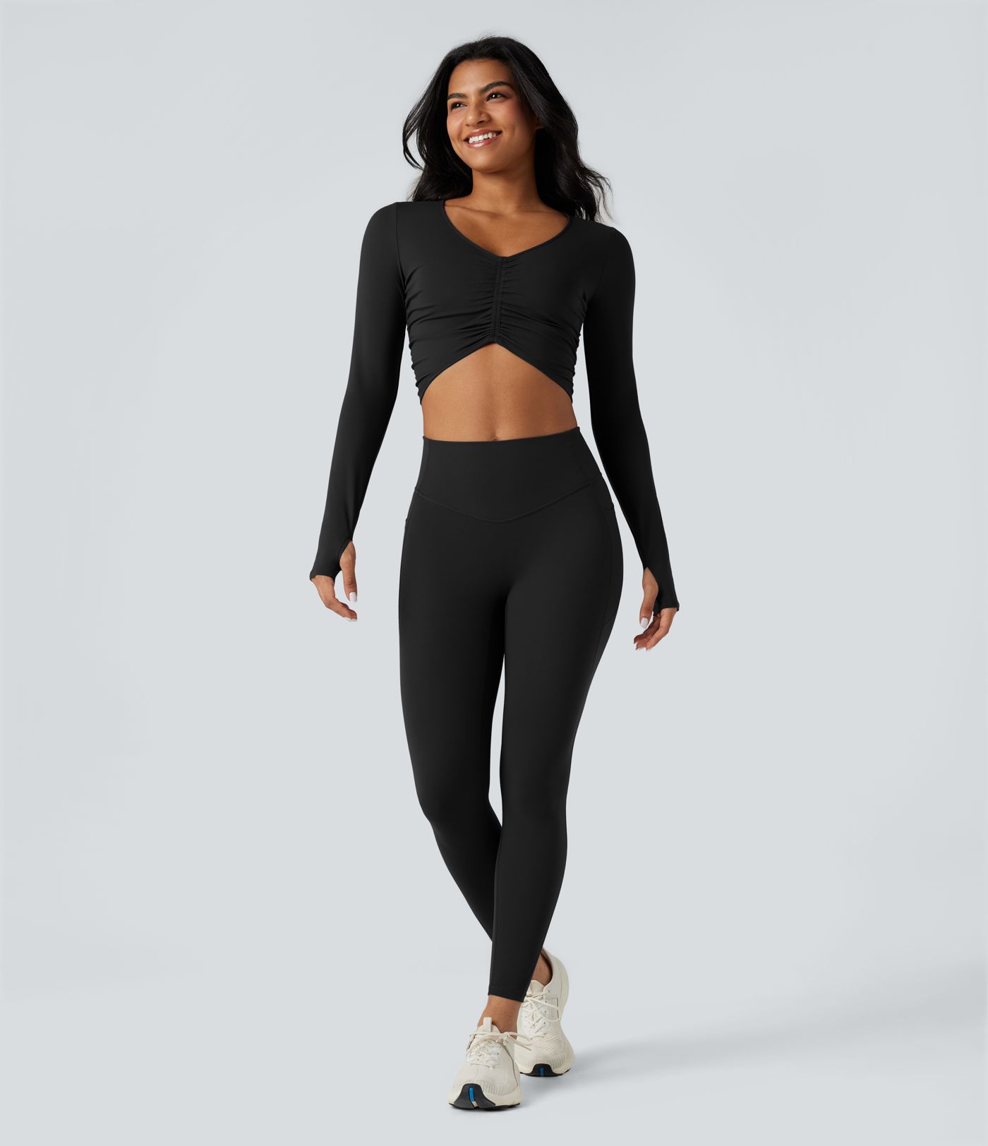 SoftlyZero™ Plush V Neck Long Sleeve Thumb Hole Ruched Cropped Yoga Sports Top