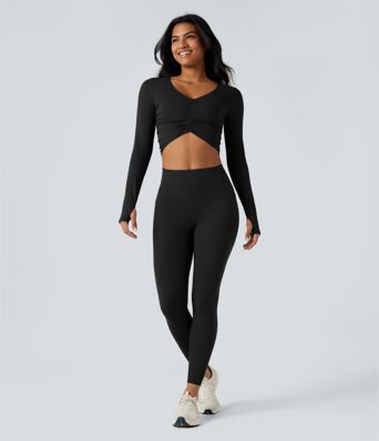 SoftlyZero™ Plush V Neck Long Sleeve Thumb Hole Ruched Cropped Yoga Sports Top