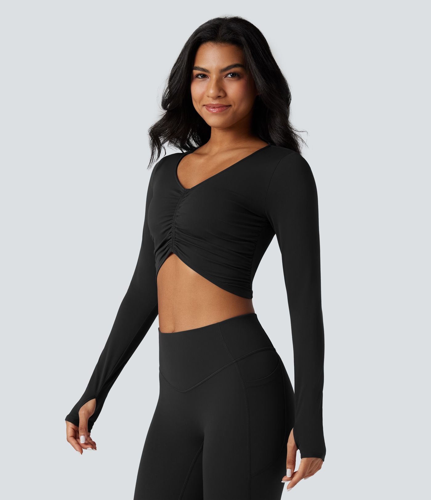 SoftlyZero™ Plush V Neck Long Sleeve Thumb Hole Ruched Cropped Yoga Sports Top