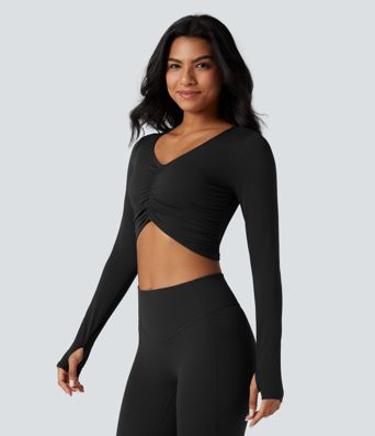 SoftlyZero™ Plush V Neck Long Sleeve Thumb Hole Ruched Cropped Yoga Sports Top