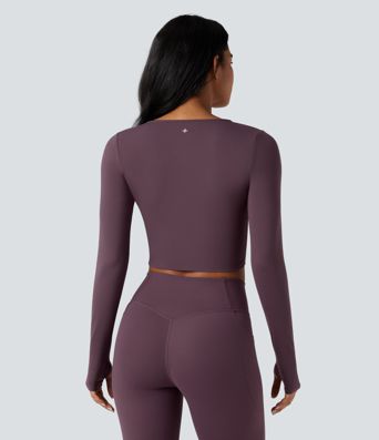SoftlyZero™ Plush V Neck Long Sleeve Thumb Hole Ruched Cropped Yoga Sports Top