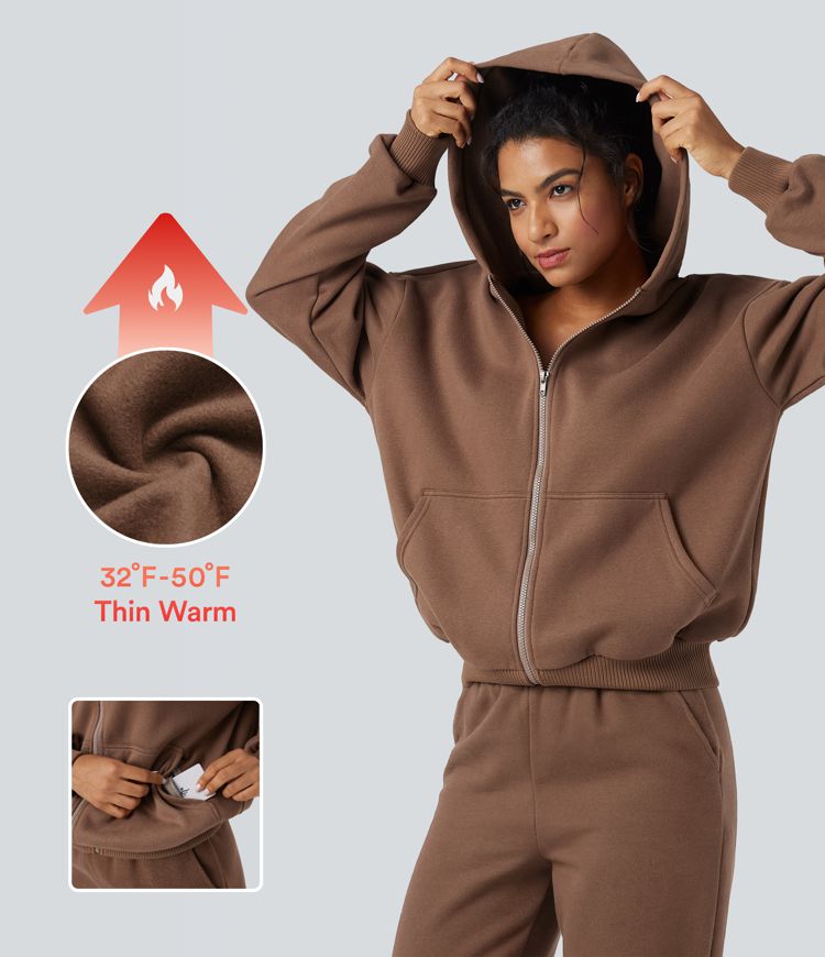 Hooded Zip Fly Fleece Casual Sweatshirt with Pockets