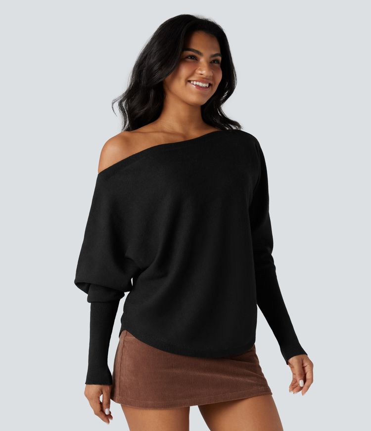 One-shoulder Batwing Sleeve Curved Hem Work Jumper