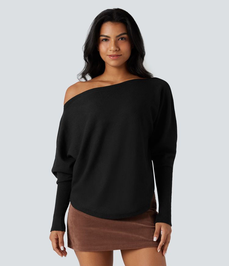 One-shoulder Batwing Sleeve Curved Hem Work Jumper