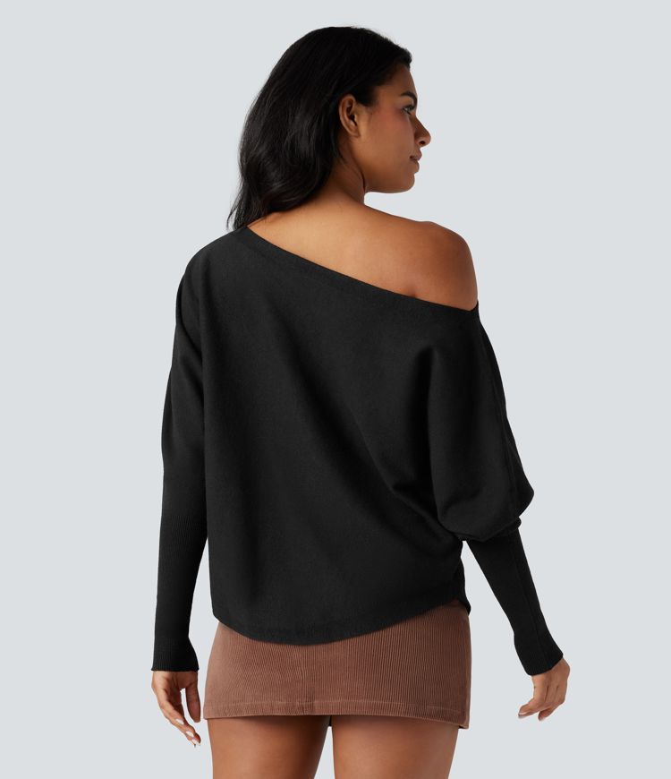 One-shoulder Batwing Sleeve Curved Hem Work Jumper
