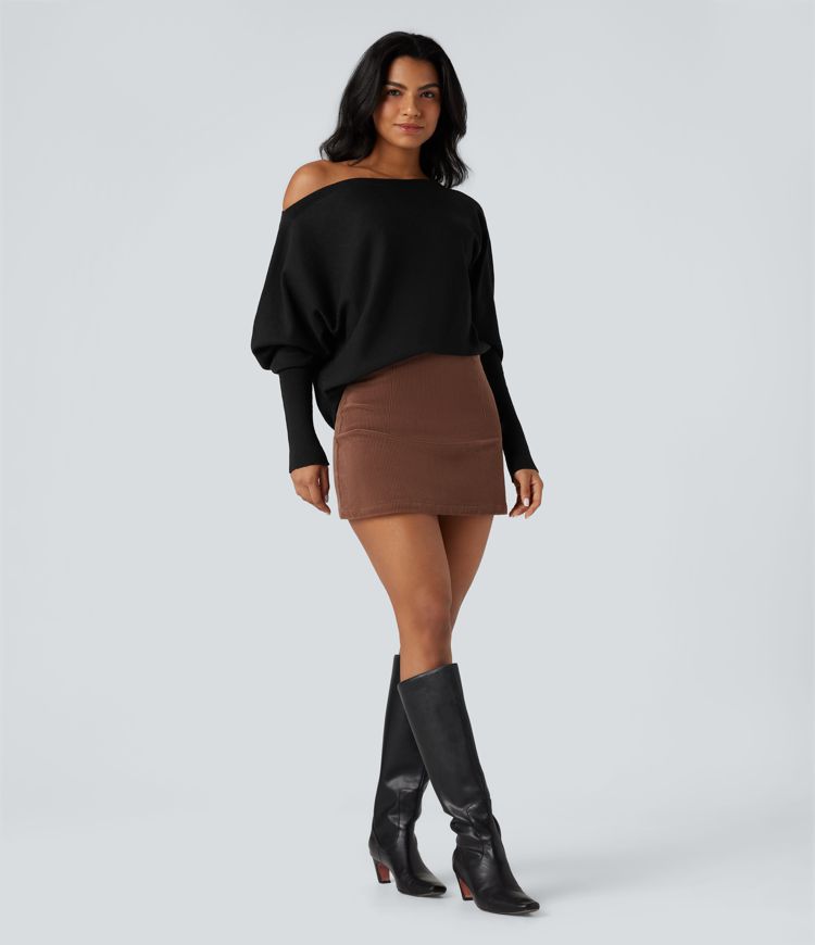 One-shoulder Batwing Sleeve Curved Hem Work Jumper