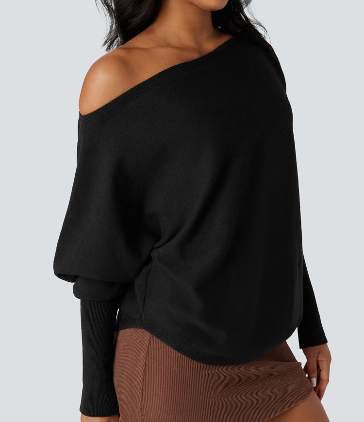 One-shoulder Batwing Sleeve Curved Hem Work Jumper